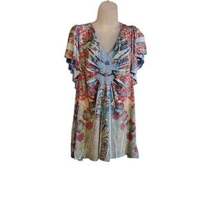 One World Live & Let Live 1X Womens Blouse Butterfly Embroidered Boho Y2K